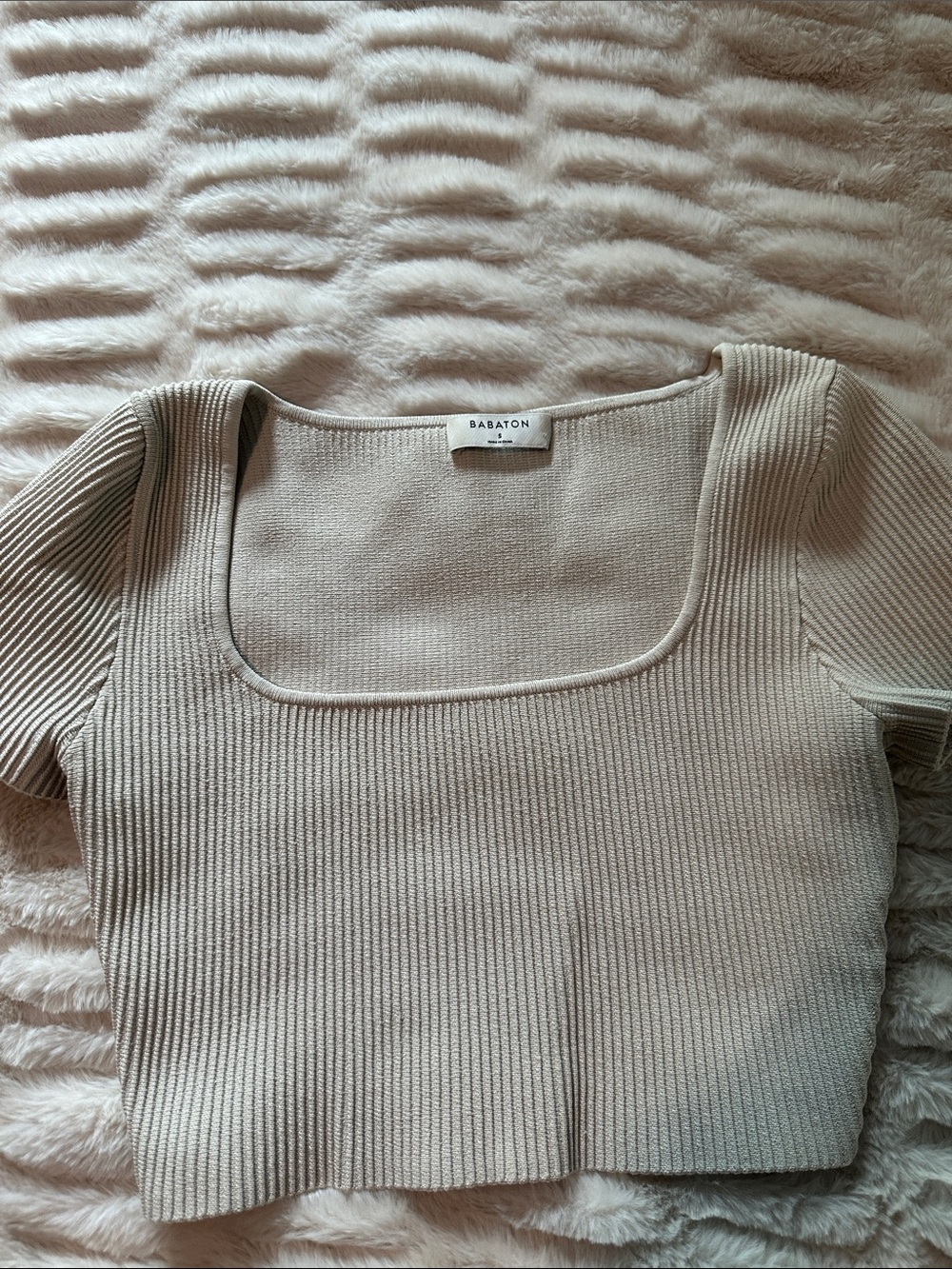 Aritzia BABATON Ribbed Square-Neck Crop Top in Beige Small